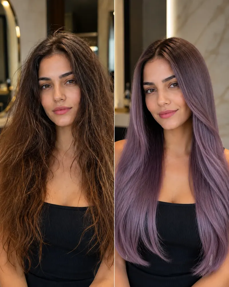 Antes y después de una coloración: cabello castaño opaco y encrespado a la izquierda, con color violeta lavanda uniforme y brillo a la derecha